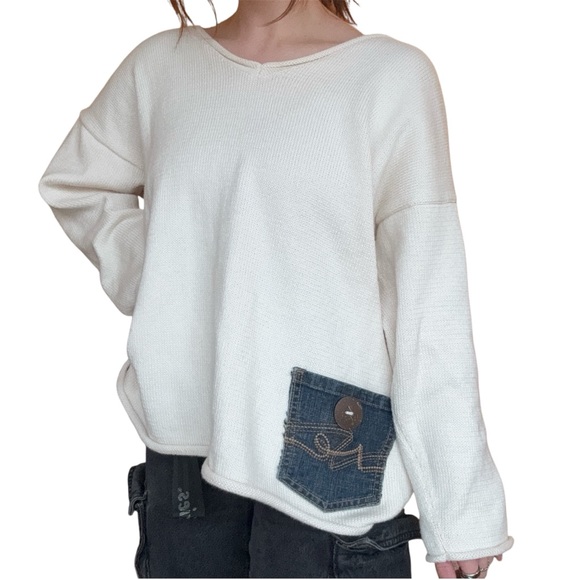 Shannon Passero Sweaters - Shannon Passero Cotton White Pullover Knit Sweater Denim Pocket Minimalist